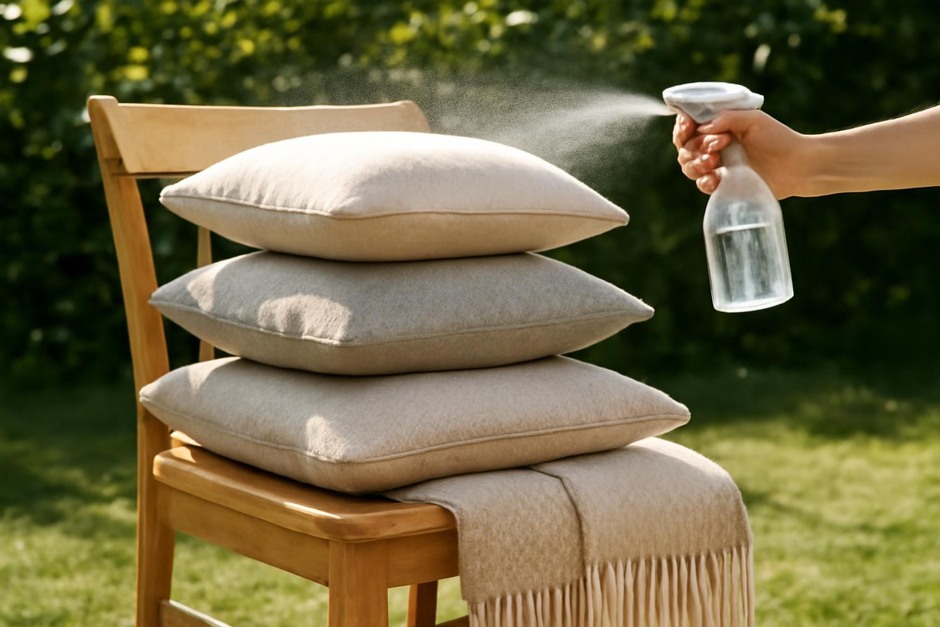 A stack of cushions and a folded throw on a chair being refreshed outdoors in sunlight