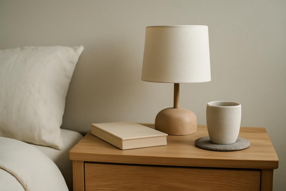 A simple nightstand with a lamp, book, and ceramic glass on a wool coaster