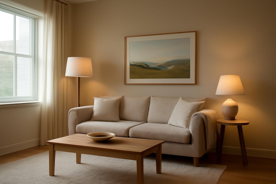 A softly lit living room with layered lighting