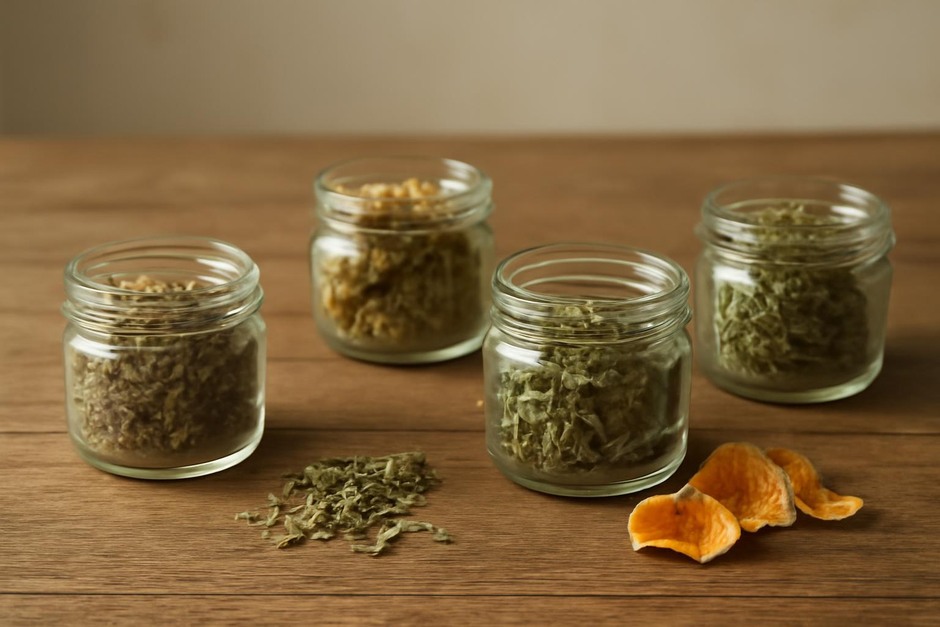 Small jars of dried herbs and citrus peels on a wooden table